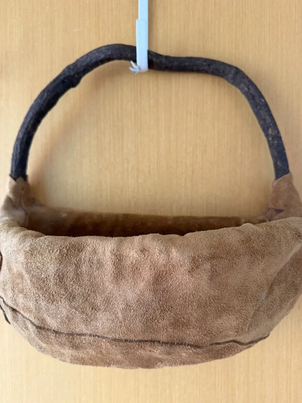 Vintage Handmade Bent Wood Suede Covered Wall Basket Brown Hobo Artist Signed